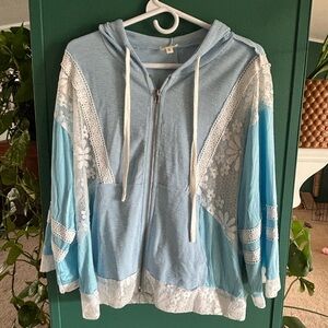 POL Zip Up Hoodie Blue Lace Floral Crochet Beach Flowy